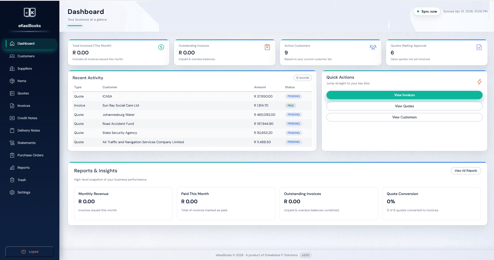 eKasiBooks dashboard screenshot showing totals and quick actions