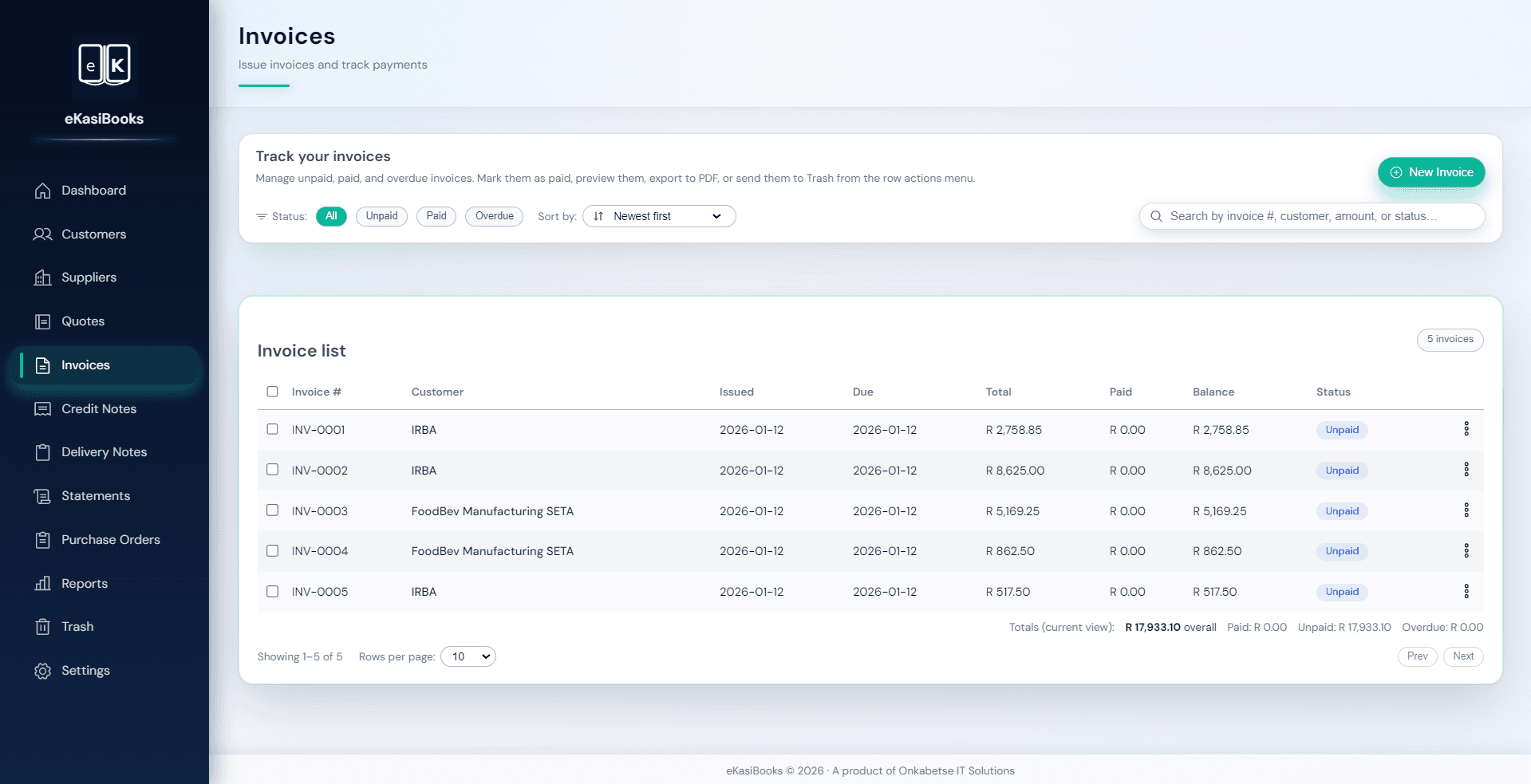 Invoices list screen