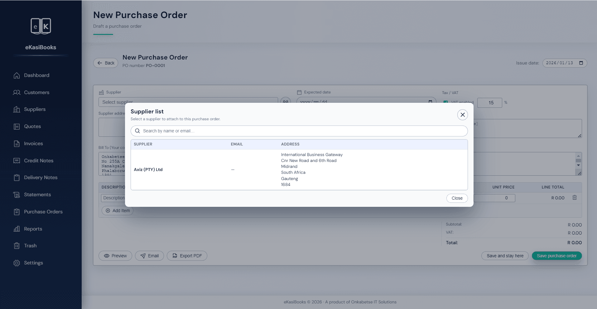 Purchase order screen in eKasiBooks