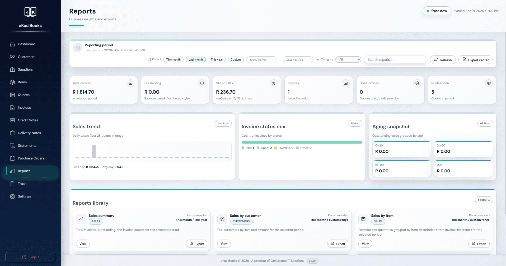 Reports dashboard screen