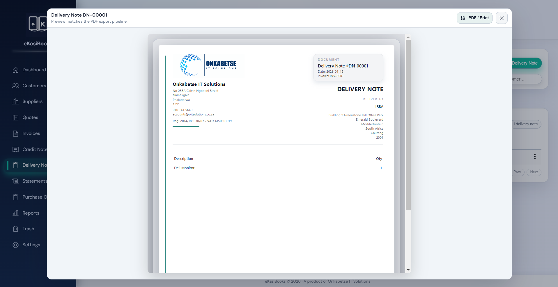 Delivery note preview created in eKasiBooks