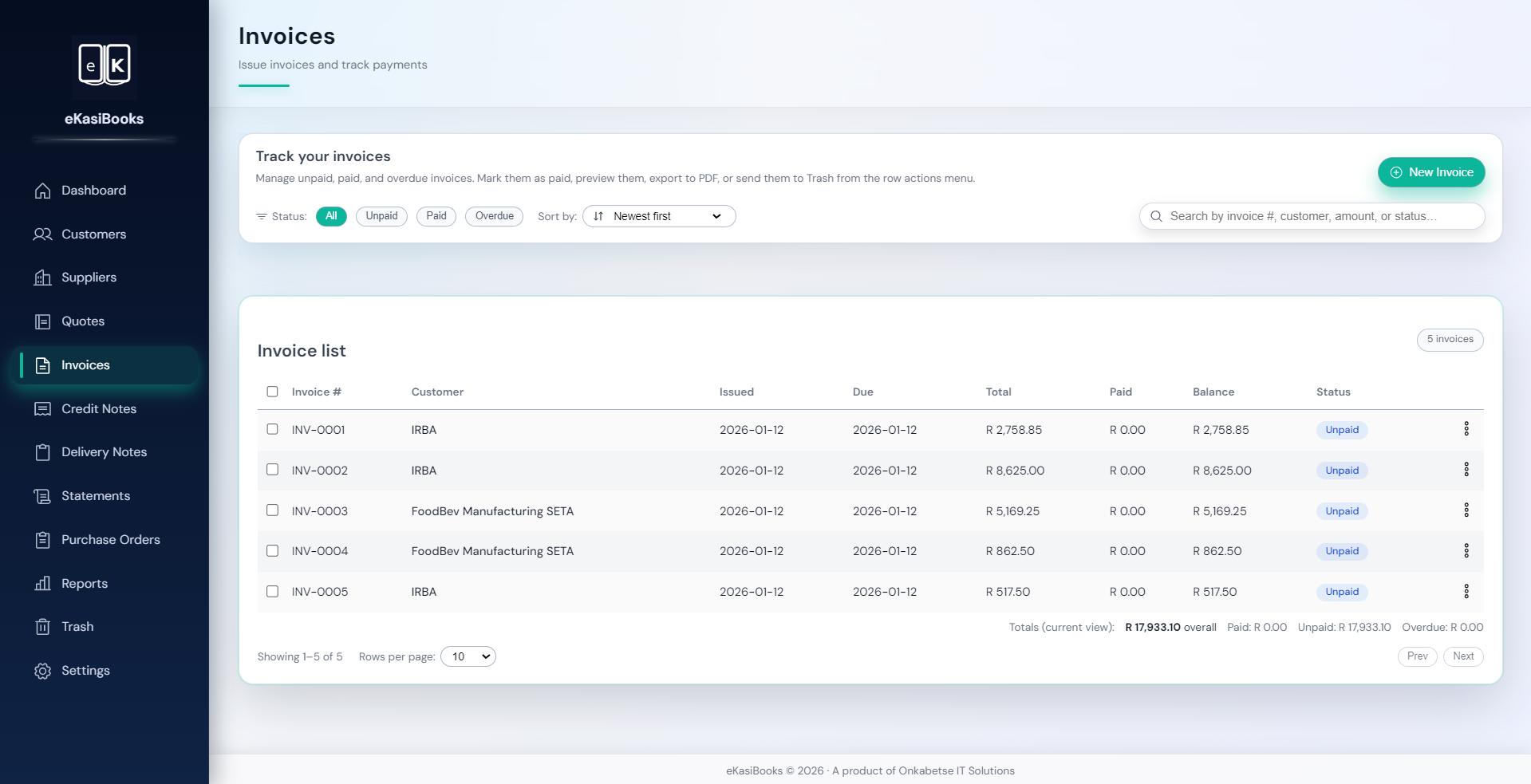 Invoice list and payment tracking in eKasiBooks