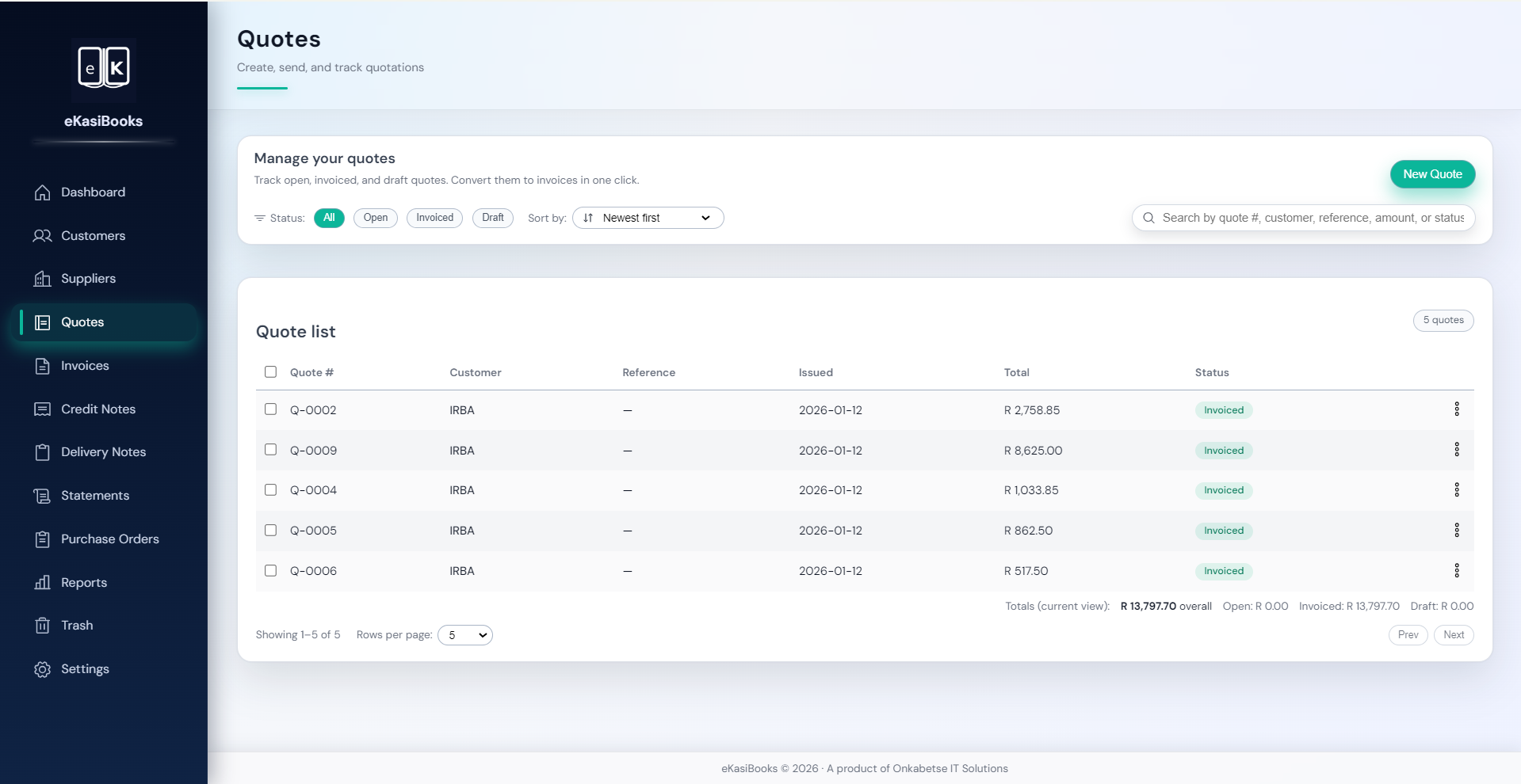Quotes management screen in eKasiBooks